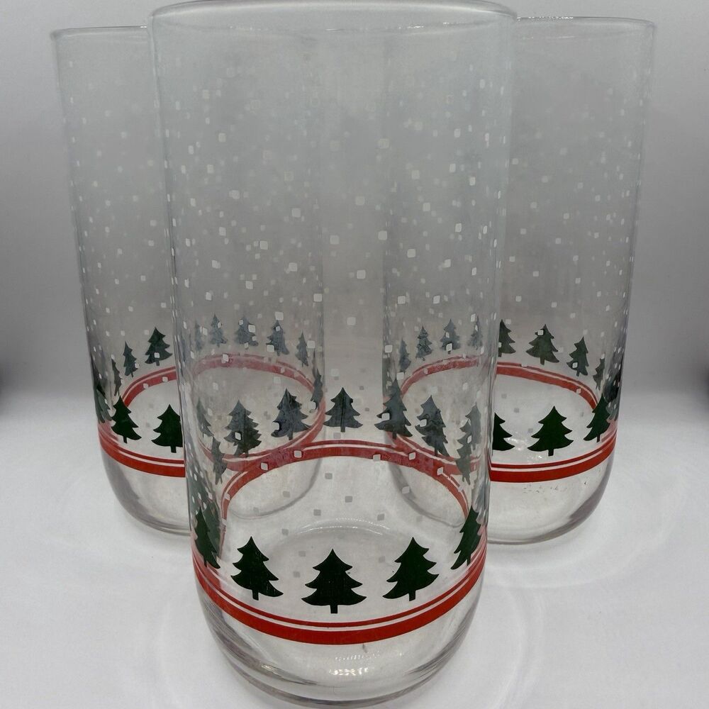 Vintage Libbey Holiday Christmas Tree Glasses Set of 3 Tall Tumblers Hazy 6”
